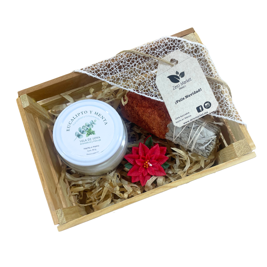 Huacalito de regalo con vela de soya, sahumerio y vela decorativa.